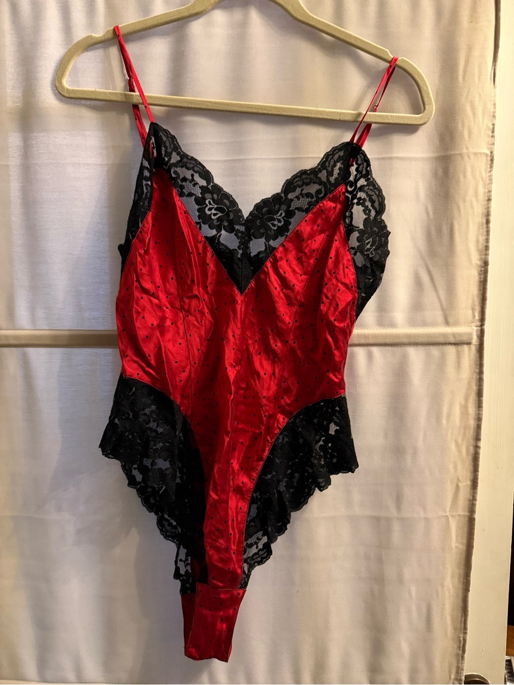 Vintage Gold Label Victoria Secret Red & Black Lace 100% Silk Teddy Bodysuit
